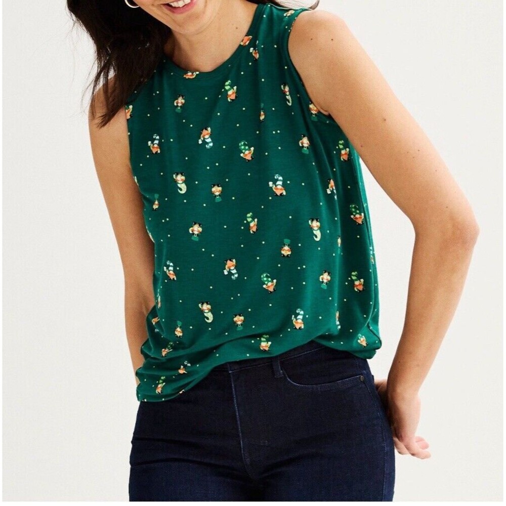 Women Celebrate Together Green St. Patrick Day Leprechaun Print L Tank Top RB